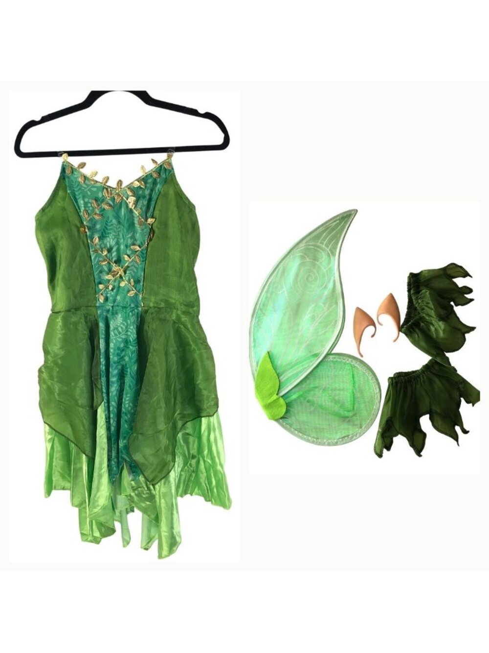 Womens Green Fairy Adult Costume Set Dress Wings Elf Ears & Arm Bands Large